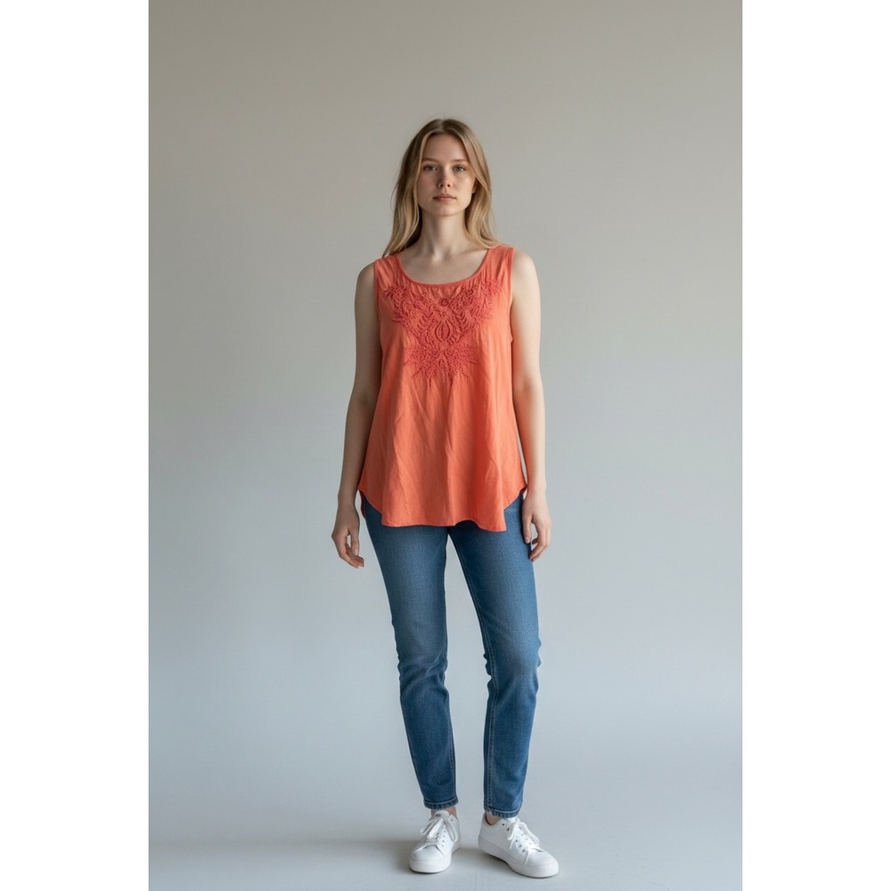 Solitaire Coral Orange Ombre Embroidered Rayon Sleeveless Tank Top Boho Sz XL